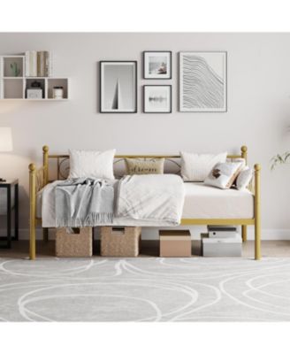 Modern Space-Saving Twin Size Metal Daybed Frame, Heavy Duty Steel Slats, Floral Headboard Sofa Bed for Living Room, Bedroom, Guest Room
