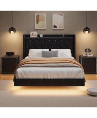 Full LED Bed Frame with Storage Shelves, Modern Upholstered Headboard, Heavy Duty Metal Slats, No Box Spring Needed, Noise Free