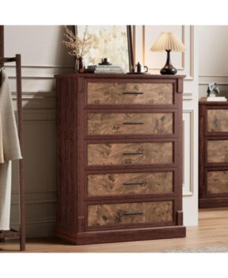 5 Drawer Dresser for Bedroom, Farmhouse Tall Chest of Drawers with Metal Handles, Rustic Wooden Dresser for Living Room
