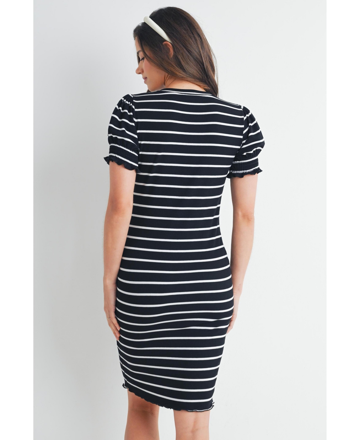 Hello Miz Maternity Striped Ribbed Mini Dress with Short Puff Sleeves