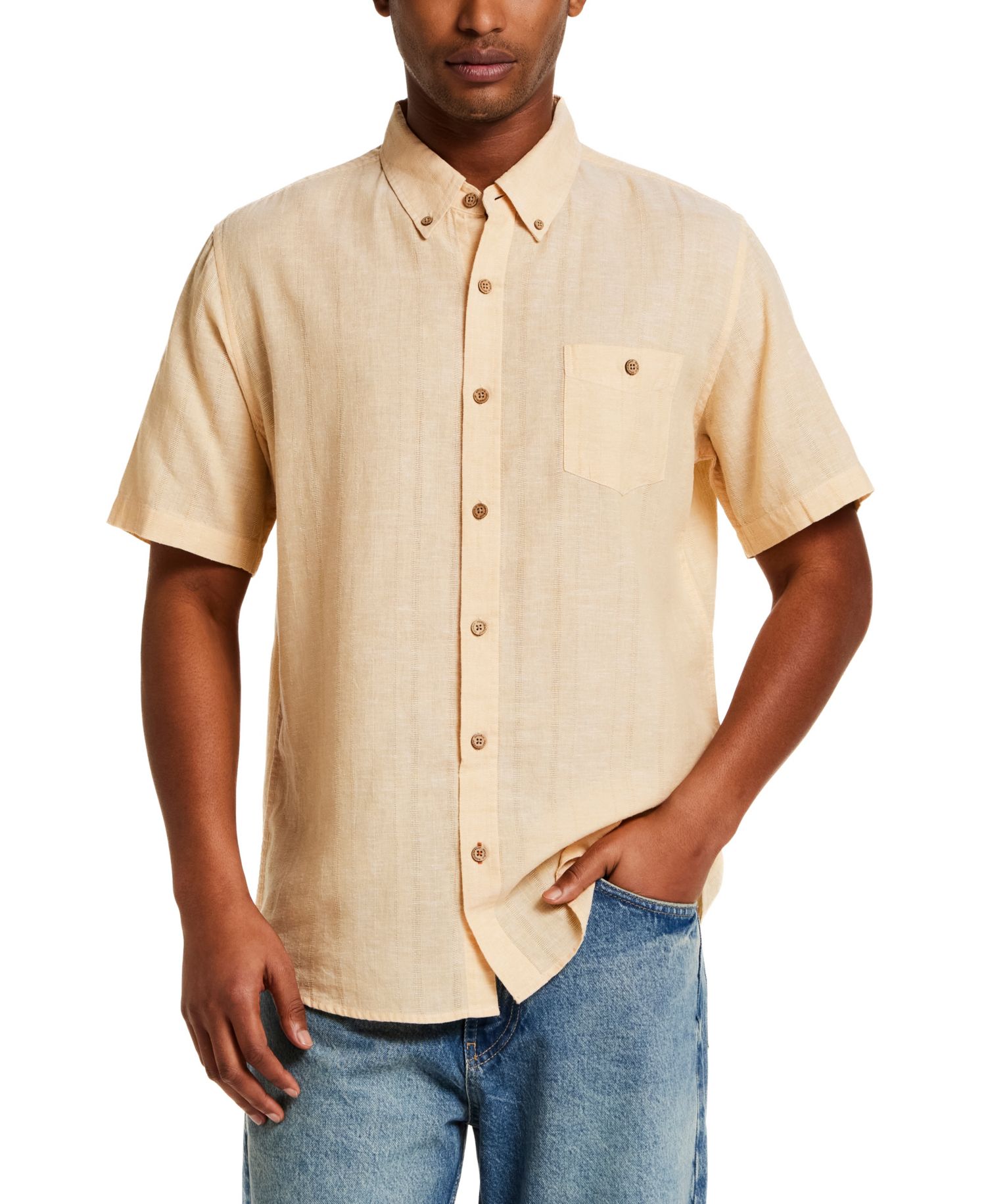 Men's Short-Sleeve Button Down Linen Cotton Vertical Dobby Striped Shirt