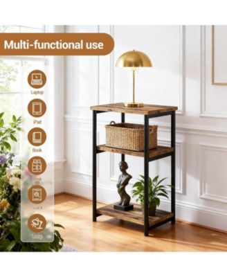 Slim 3-Tier End Table with Storage Shelves, Narrow Mobile Side Table for Small Spaces, Industrial Wood & Metal Sofa Table, Record Player St