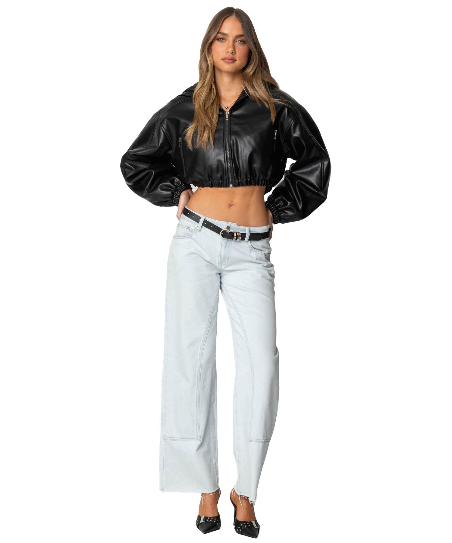 Women's Hooded Faux Leather Cropped Jacket