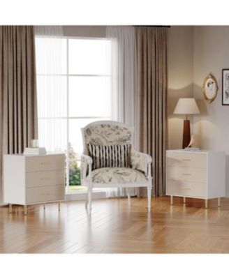 Elegant 3-Drawer White Dresser with Gold Handles and Legs, Wooden Nightstand with Linen-Textured Surface, Modern Chest of Drawers