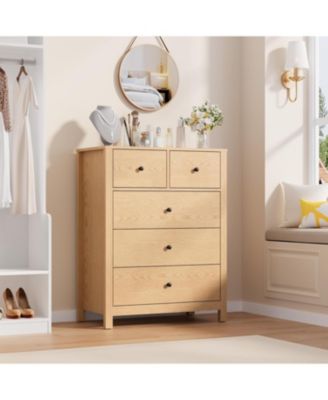 Natural Oak Dresser for Bedroom, Tall 5 Drawer Dresser with Deep Drawers & Metal Knobs, Modern Wooden Double Chests of Drawers for Kids Bedroom