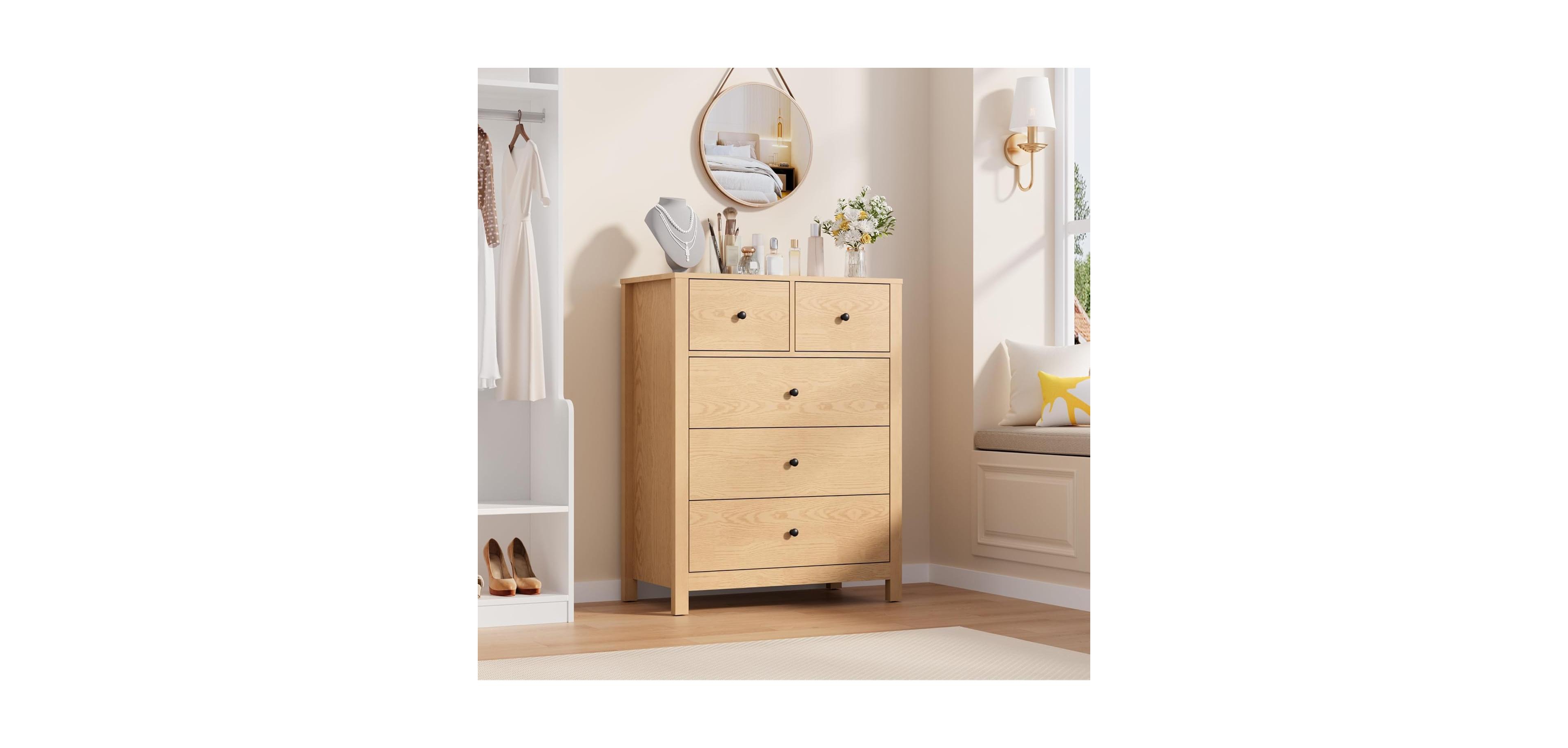 gaomon Natural Oak Dresser for Bedroom, Tall 5 Drawer Dresser with Deep Drawers & Metal Knobs, Modern Wooden Double Chests of Drawers for Kids Bedroom