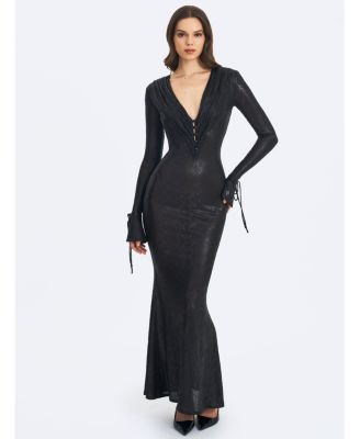 Women's Ilysia Black V-Neck Plunge Snakeskin Mermaid Hem Maxi Dress