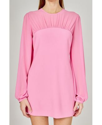 Women's Mixed Media Mini Dress with Puff Sleeves