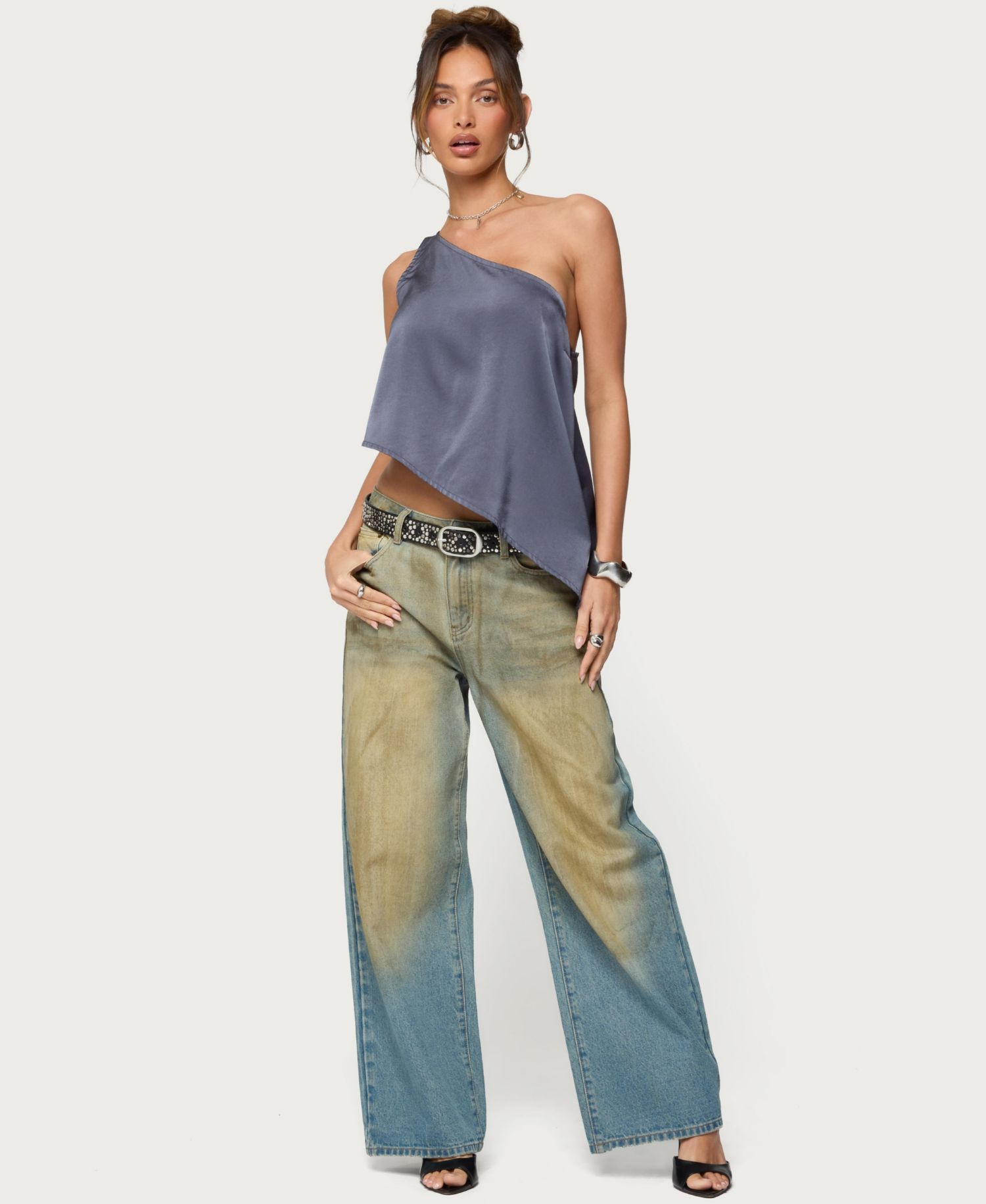 Women's Asymmetric Satin Effect One Shoulder Top