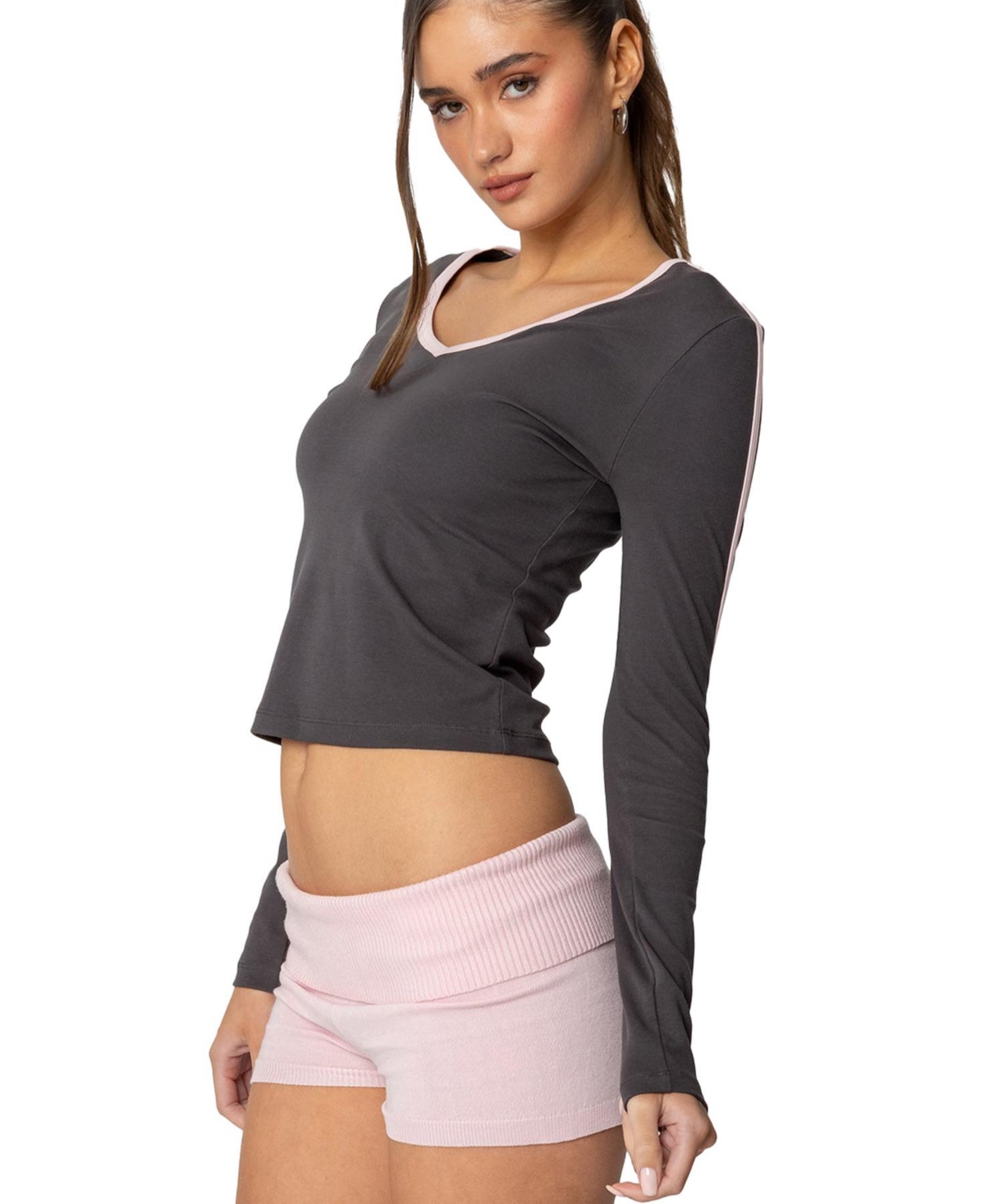 Edikted Women's Contrast V Neck Long Sleeve T Shirt