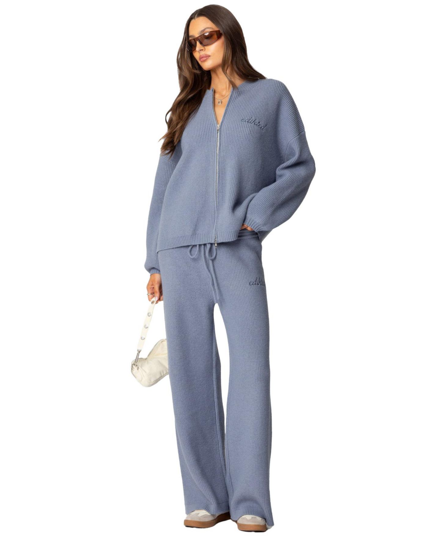 Женские брюки Edikted Kris Ribbed Knit Sweatpants, цвет: Синий — фото 4