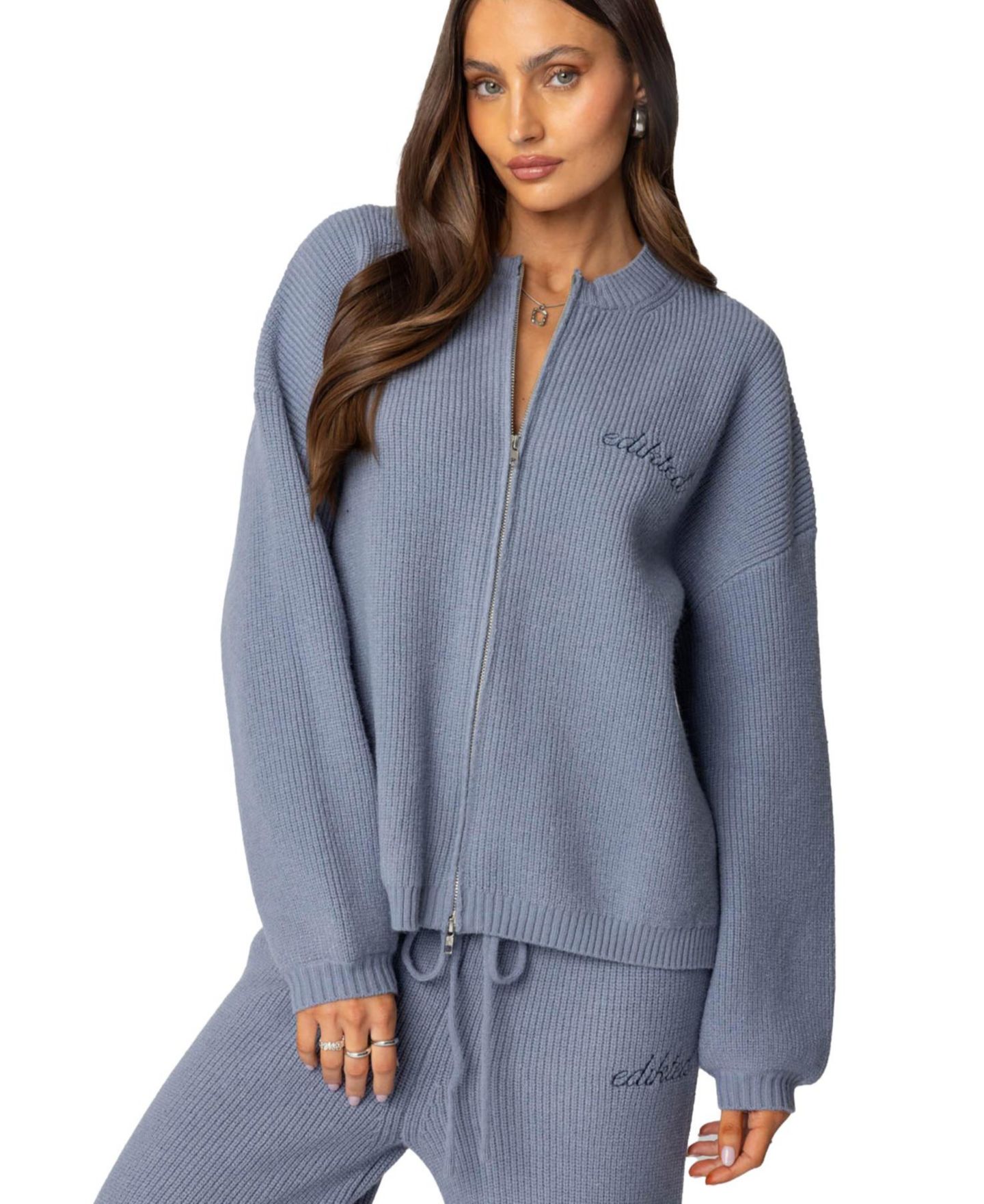 Женский свитер Edikted Kris Ribbed Knit Zip Up, цвет: Синий — фото 1