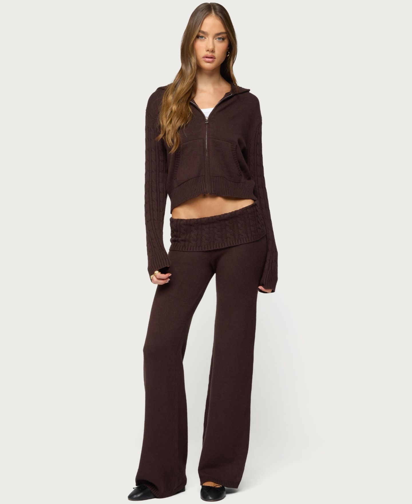 Женское худи Edikted Lula Cable Knit Zip Up, цвет: Коричневый — фото 3