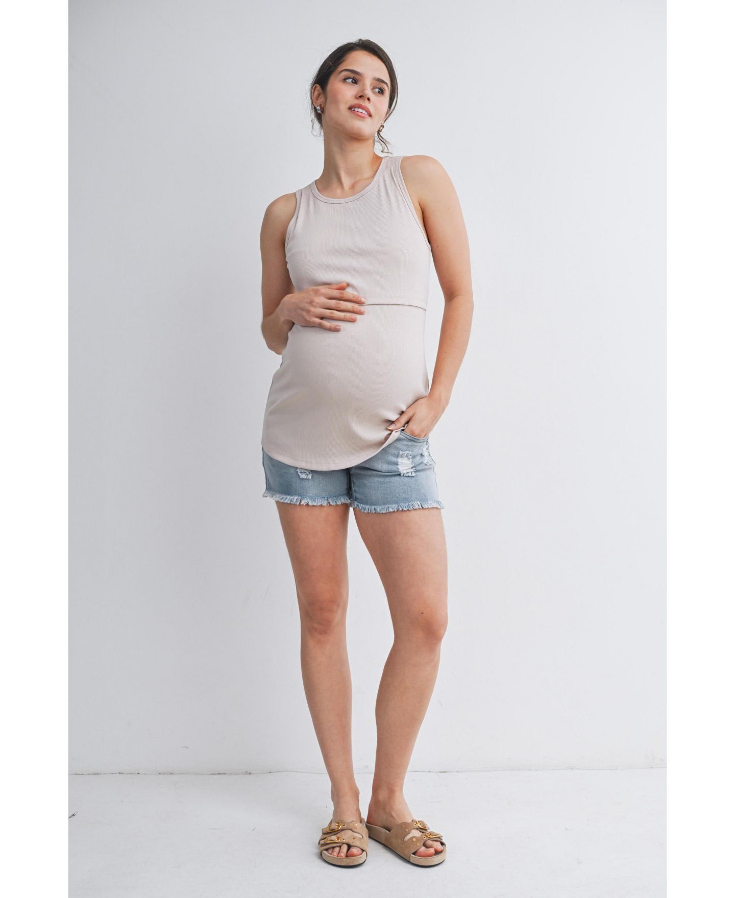 Женский топ Hello Miz Maternity Nursing Ribbed Tank Top with Lift-Up Panel, цвет: Бежевый — фото 4