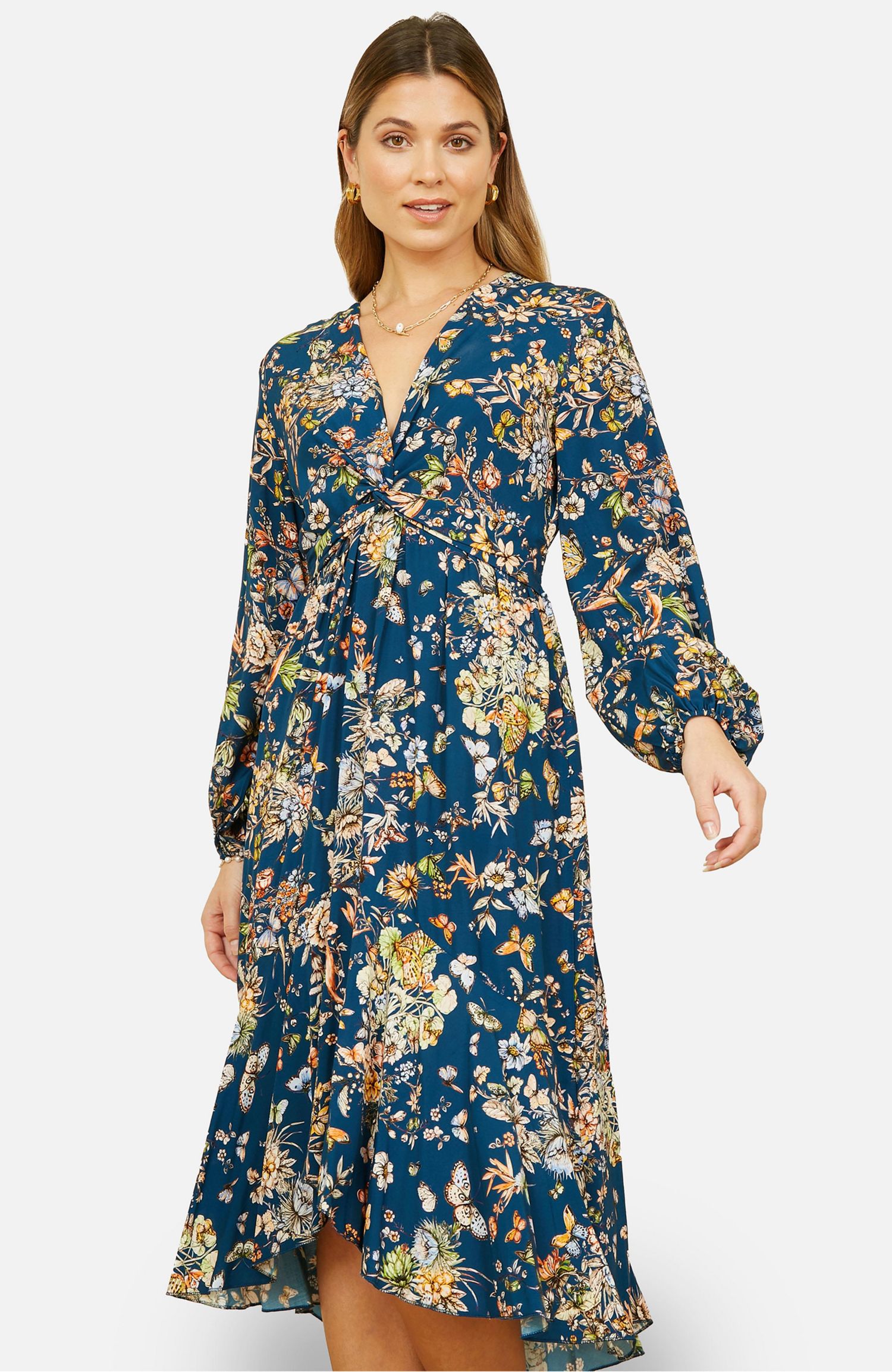 Women's Tie Knot Front Long Sleeve Midi Dress