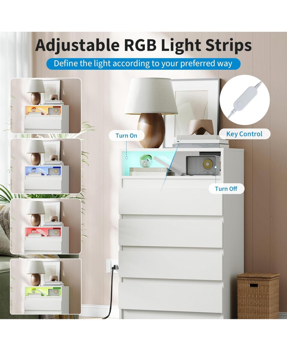 gaomon 4 Drawer Double Dresser with Power Outlet, Accent Chests of Drawers with Led Light, Modern White Storage Dresser with Charging