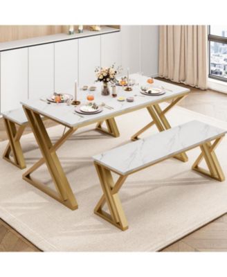 Kitchen Room Dining Table Set with Benches for 4, Sturdy Metal Kitchen Table Set with X Metal Frame Space Saving