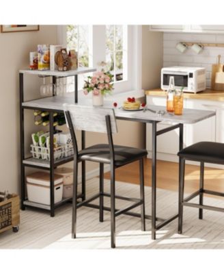 Bar Table and Chairs Set for 2, 3 Piece Breakfast Nook with Storage Shelves, Cup Holder, Wine Rack & PU Leather Bar Stools