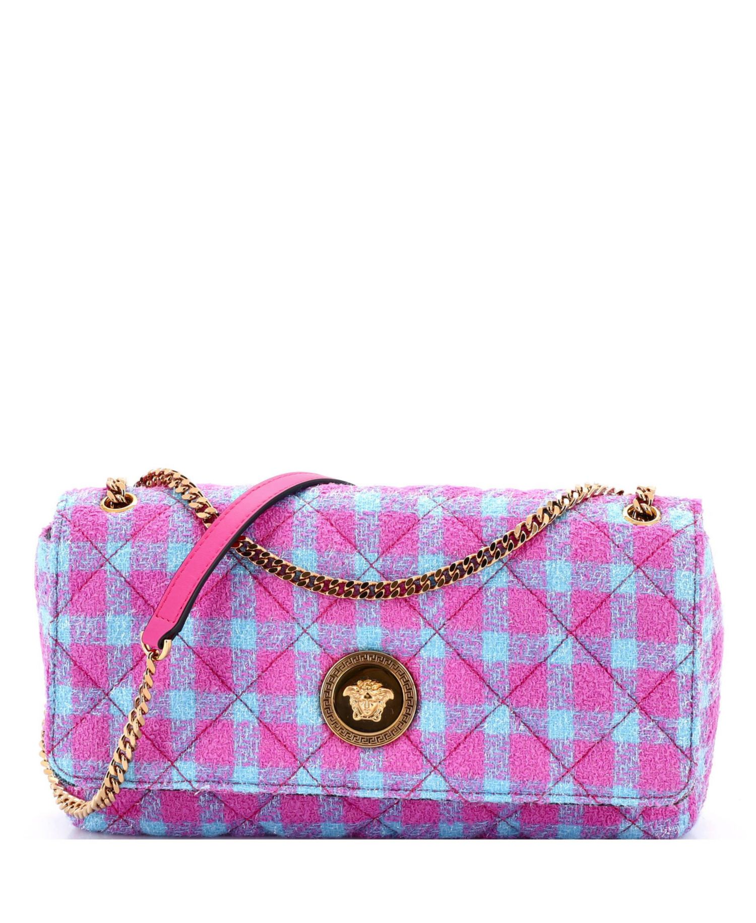 East West Medusa Icon Chain Flap Bag Quilted Tweed