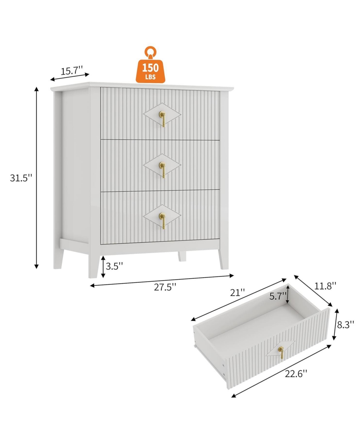 gaomon Wood Nightstand Fluted Dresser for Bedroom, 27.5" Wide 3-Drawer Bedside Tables, Modern Chest of Drawers, Storage End Table Living Room, Ha