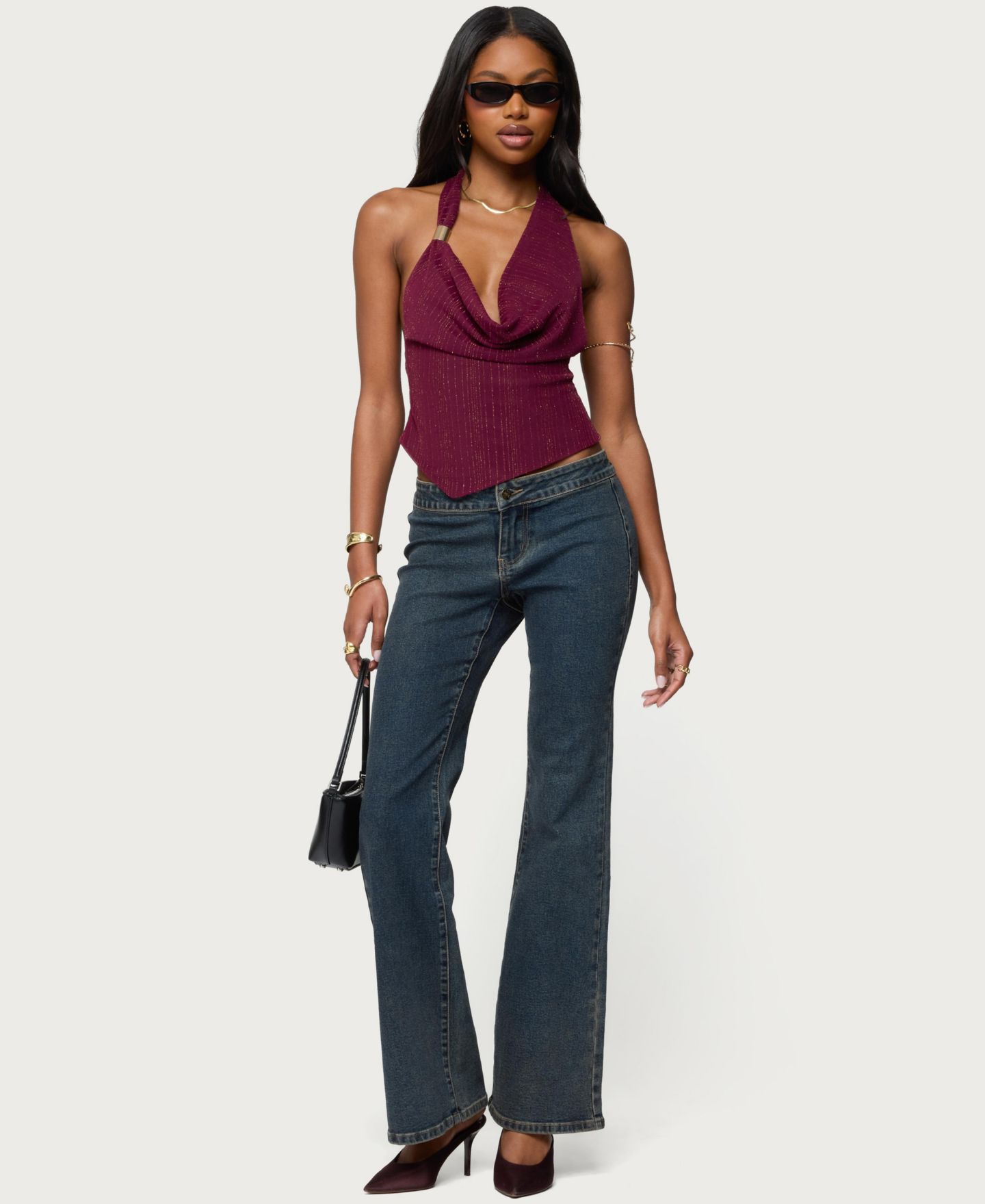 Женский топ Edikted Mimi Asymmetric Textured Mesh Halter, цвет: Бордовый — фото 5