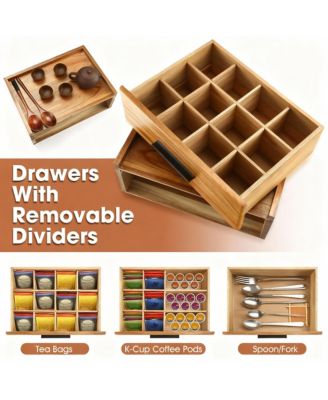 12-Compartment Wood Tea Bag Organizer with Drawer