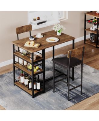 3Pcs Dining Table Set for 2, Kitchen Table and Chairs for 2 with 3 Storage Shelves, Pu Cushion Chairs & Thick Wood Top, 3Pcs Dining Table Set