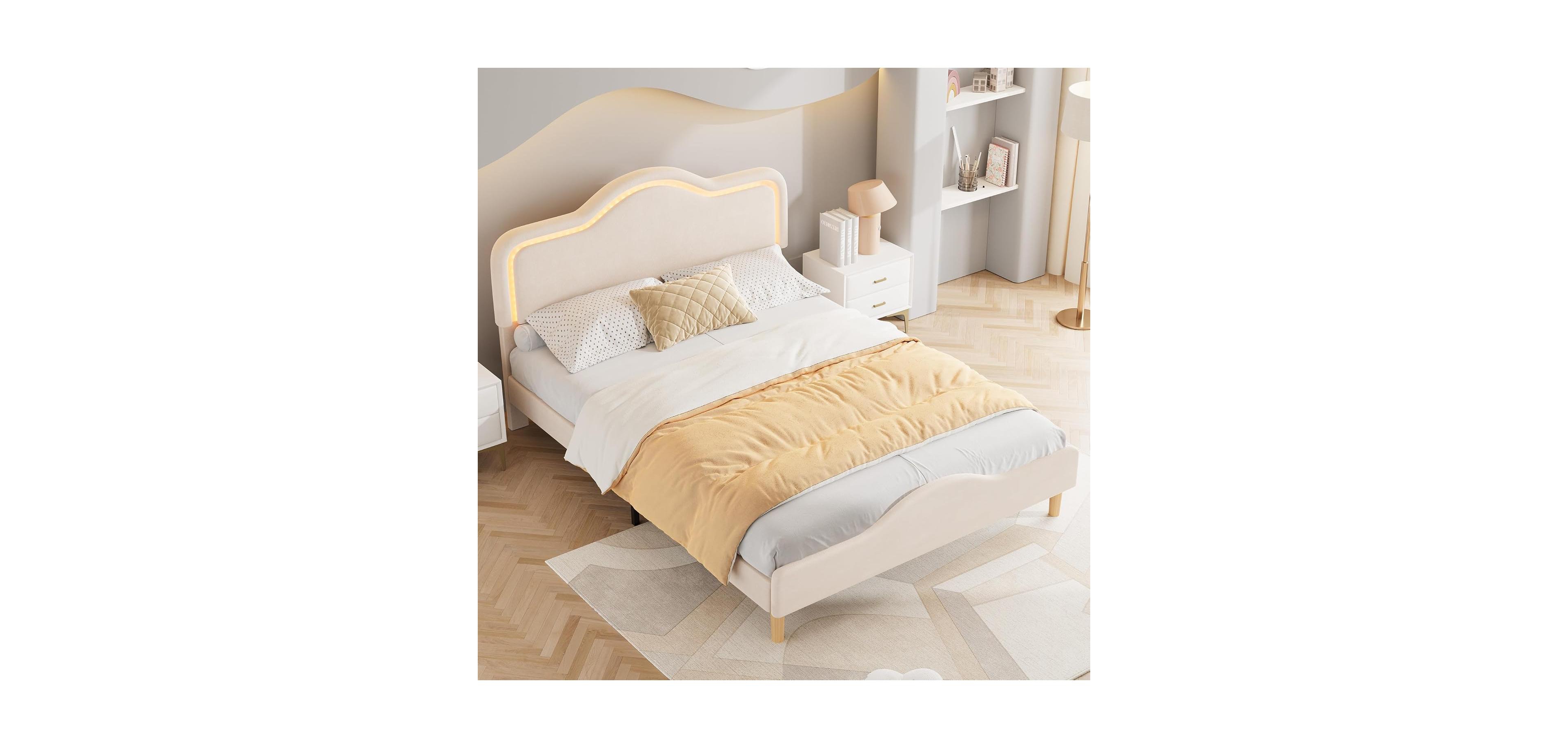 gaomon Bed Frame with Adjustable Led Headboard, Velvet Upholstered Princess Platform Bedframe with Footboard for Kids/Girls, Wooden Slats Support