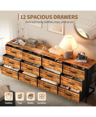 70 Inch Dresser for Bedroom, TV Stand for 65, 75, 80 Inch TV, 12 Fabric Drawer Long Dresser, charging Station