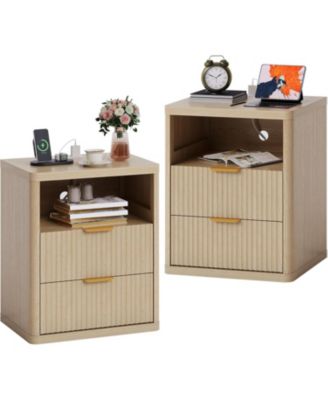 Fluted Nightstand with Charging Station, Bedside Table with 2 Drawers and Open Storage Space
