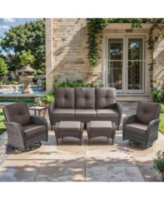 6-Piece Brown Wicker Patio Conversation Set with Olefin Cushion and Patio Swivel Chairs