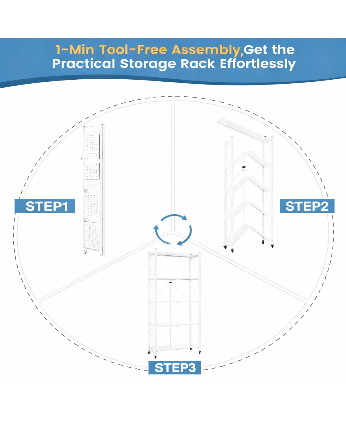 Yigii 5-Tier Folding Metal Shelf, No Tools, 2 Modes, Heavy Duty