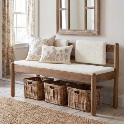 Solid Wood Entryway Bench, 49" Dining Bench with Back, Wood Settee Bench with Upholstered Seat, Farmhouse Bedroom Bench