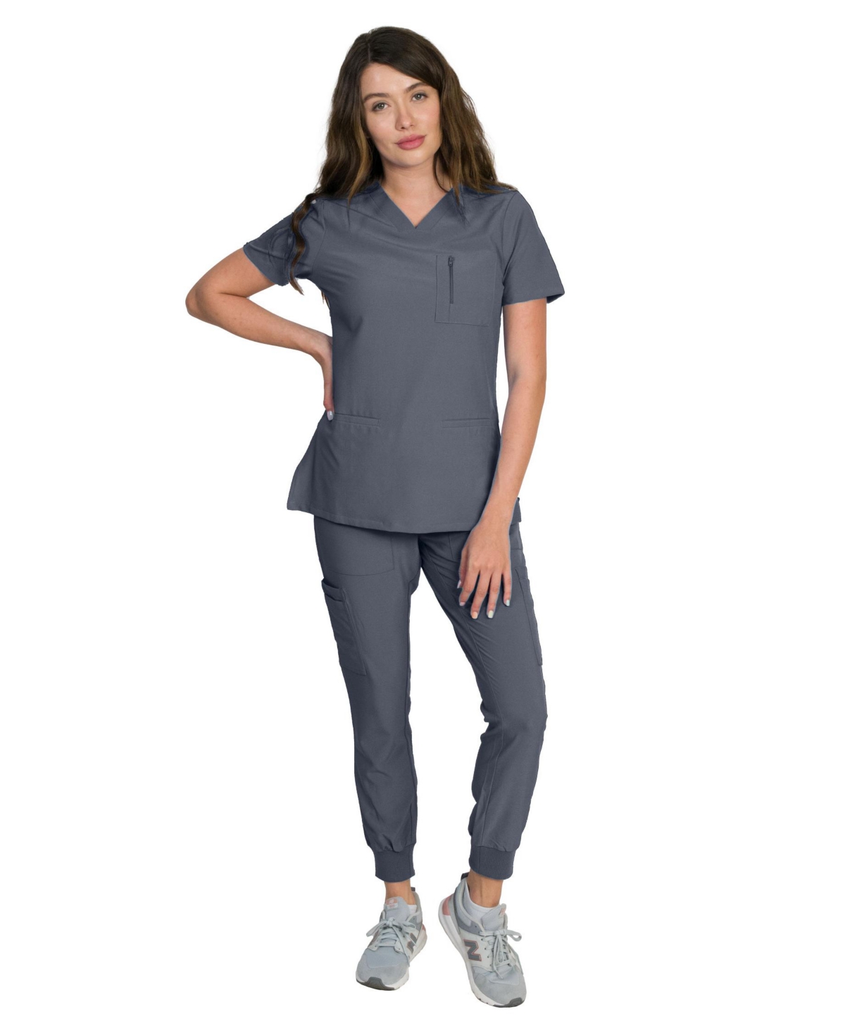 Medgear Women's Fleur Stretch Scrub Set with Zip Chest Pocket Top and Knit Rib Cuffs Jogger Pants