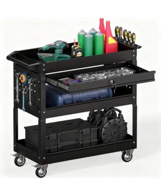 3 Tier Rolling Tool Cart with Drawer & Pegboard, 550 lbs Capacity, Easy Assembly