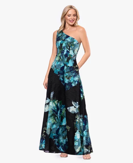 Petite Printed One-Shoulder Ball Gown Dress - Black Teal