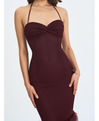 Women's Pluma Maroon Halter Faux-Fur Trimmed Midi Dress