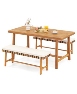 3-Piece Patio Dining Set Rectangular Table and 2 Benches w/1.97'' Umbrella Hole