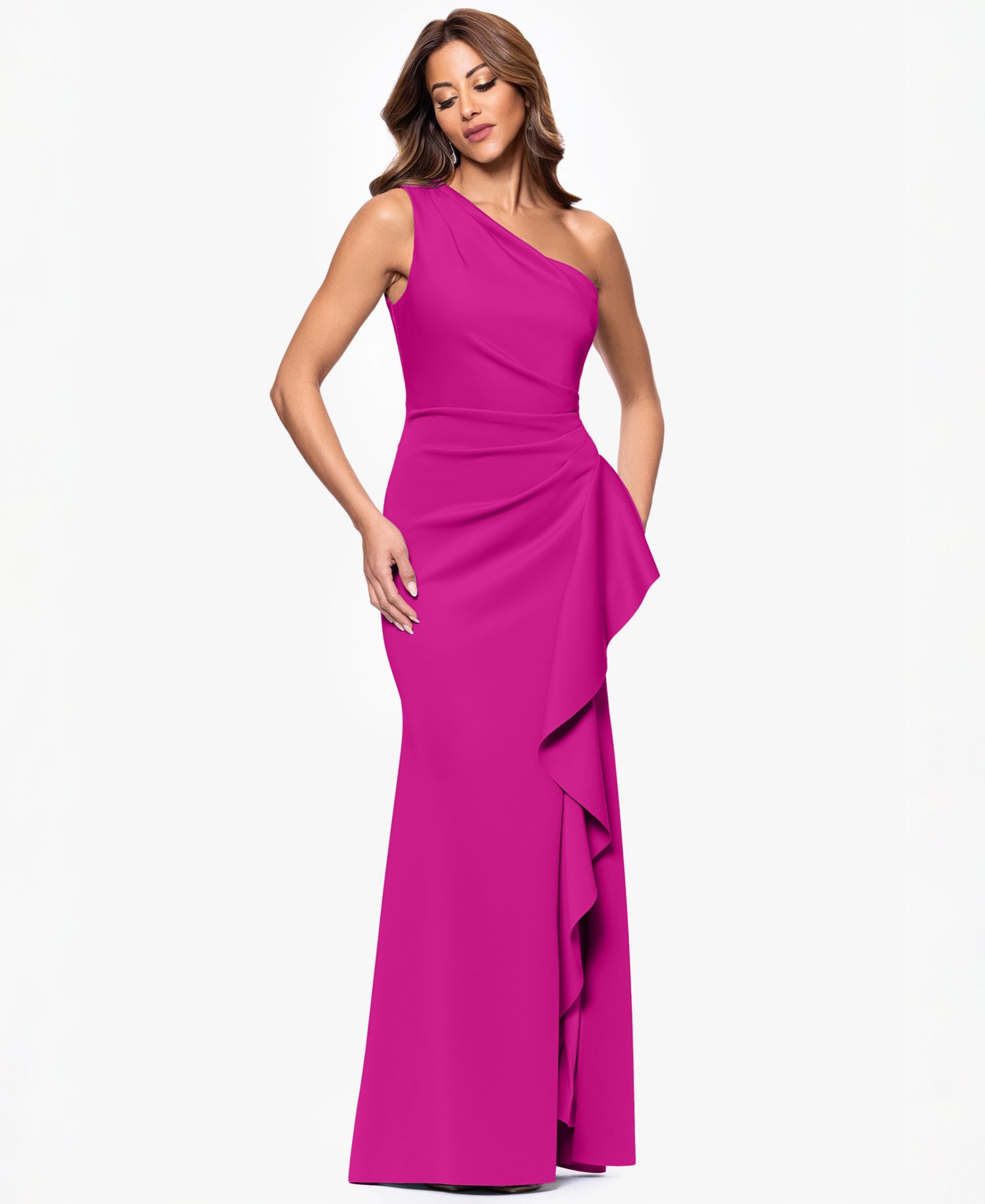 Petite Ruffled One-Shoulder Scuba Gown