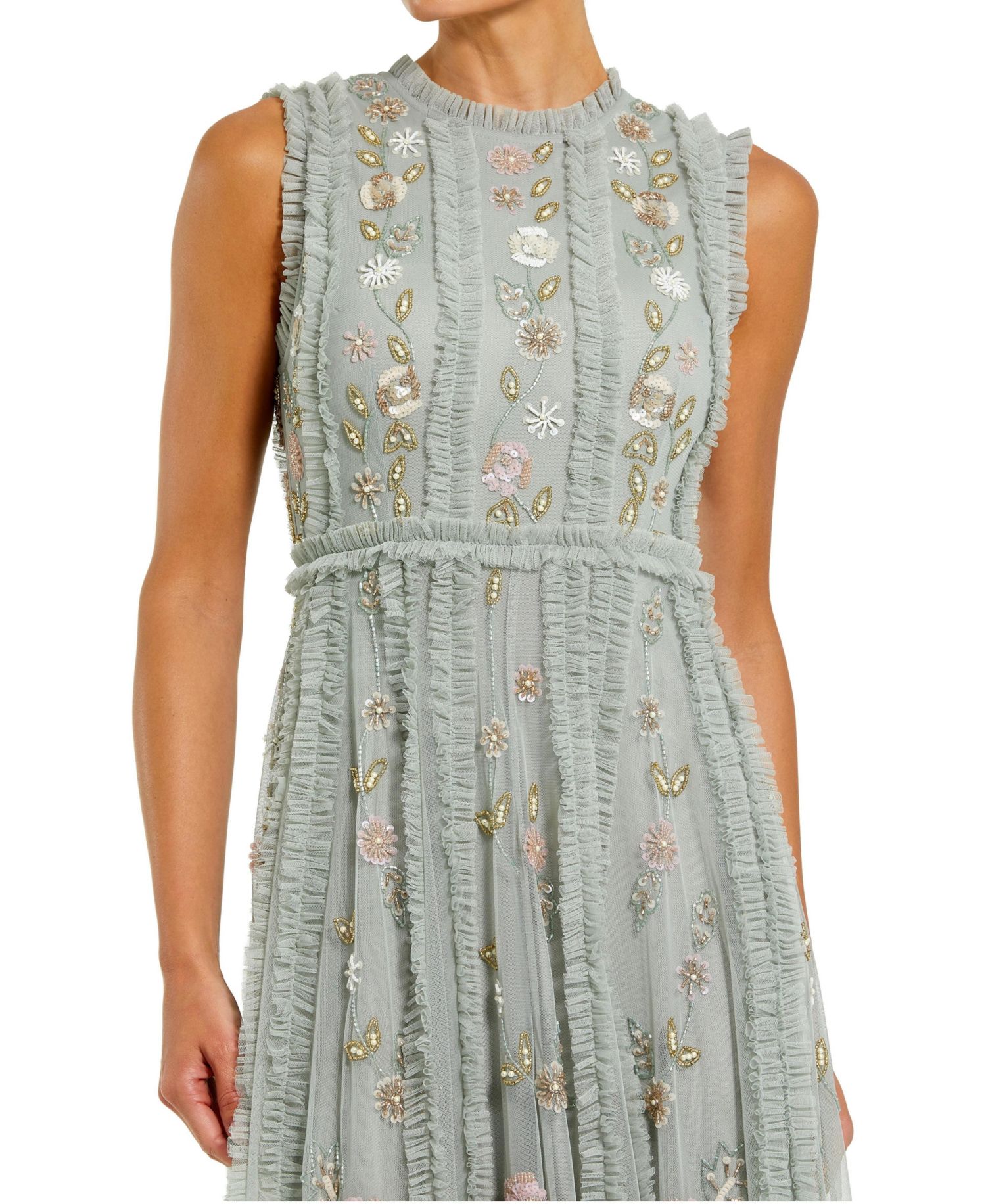 Women's Floral Mesh Sleeveless A Line Micro Ruffle Gown