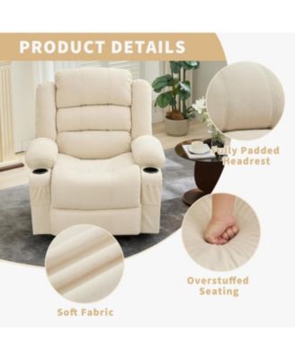 Recliner Chair, Comfy Overstuffed Chair with 3 Reclining Positions, 2 Side Pockets, 2 Front Pockets, Cup Holder