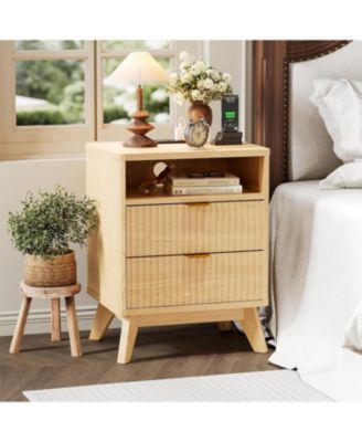 19.7" Fluted Nightstand with Charging Station, Solid Wood Nightstands with 2 Drawers and Open Shelf