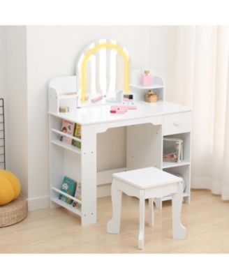 Kids Vanity with Lighted Mirror - 2 in 1 Little Girls Vanity Table and Stool - Kids Makeup with Bookshelf/Drawer and Open Shelves