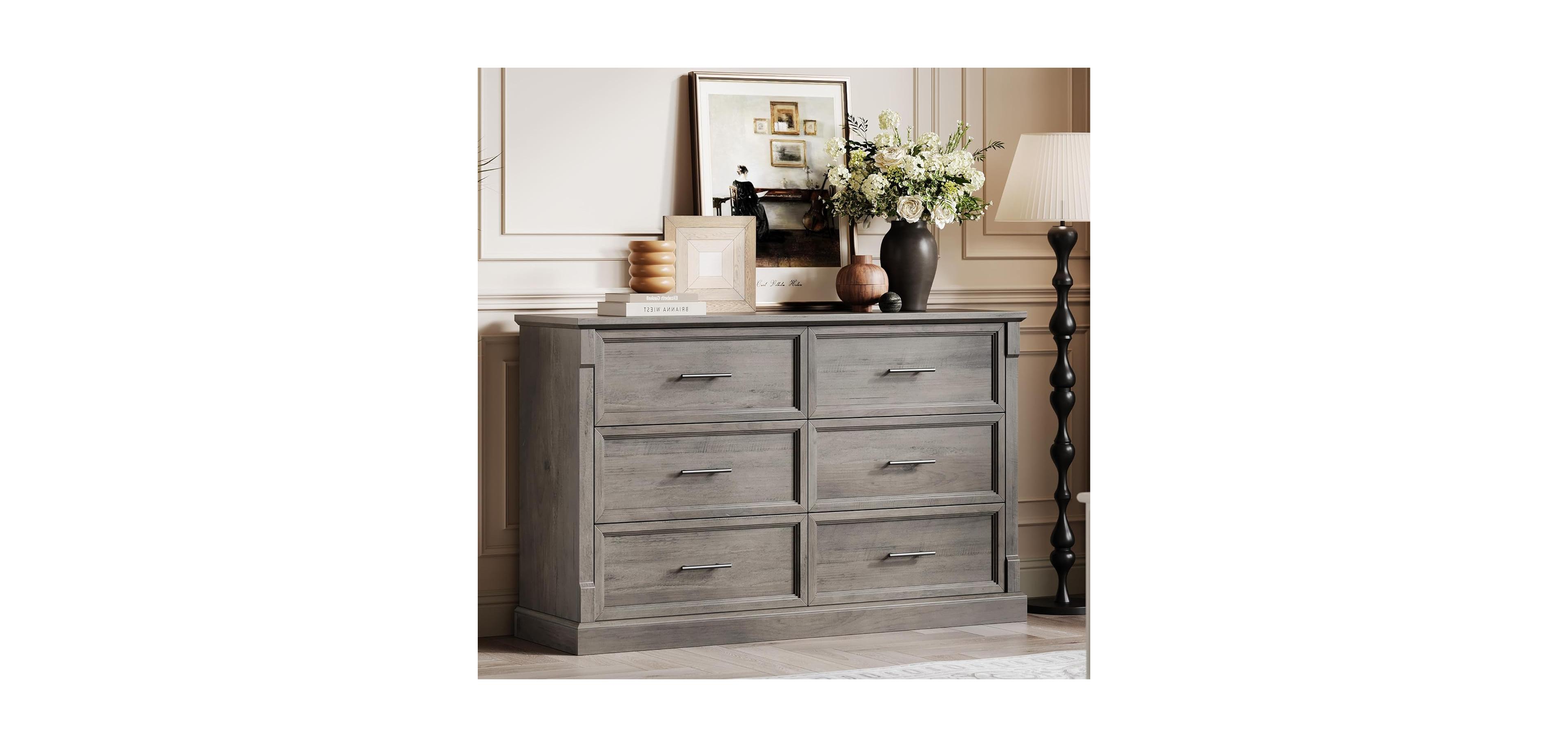 gaomon Farmhouse 6 Drawers Dresser, 47 in Long Wood Closet Dressers Organizer, Rustic Chest of Drawers for Bedroom Living Room Hallway Entryway