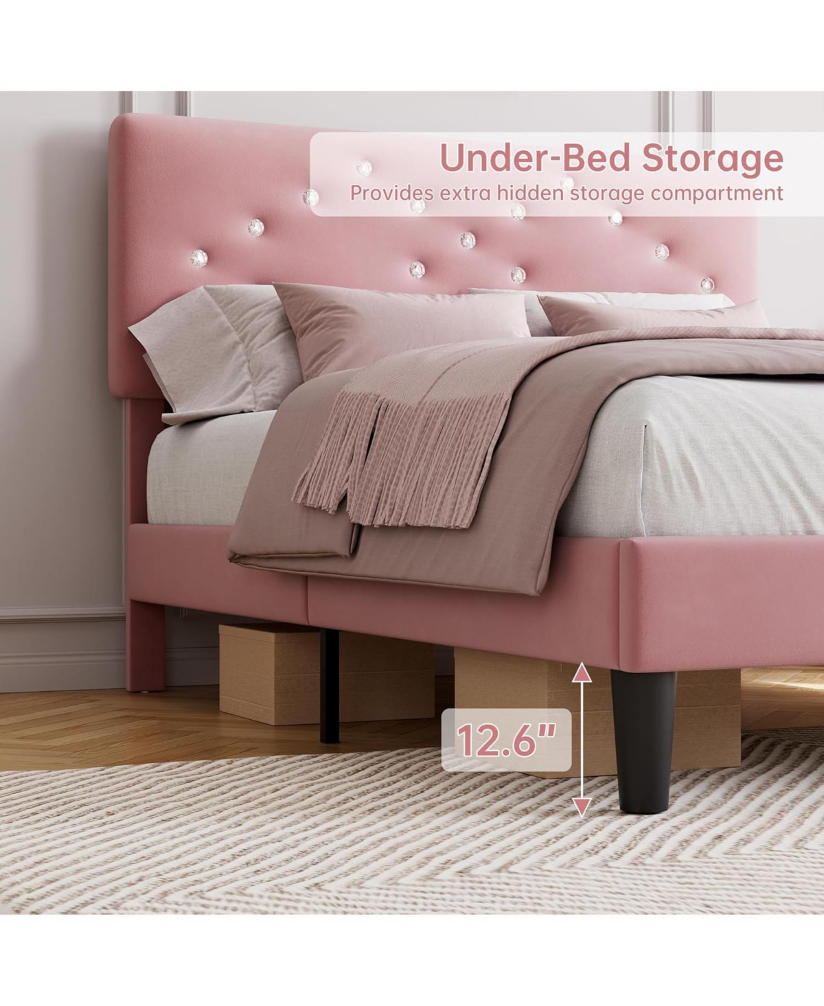 gaomon Upholstered Wooden Bed Frame with Headboard and Crystal Diamond Tufting, Easy Assembly Platform