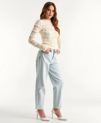 Women's Sheer Lace Scalloped Mock Neck Long Sleeve Top