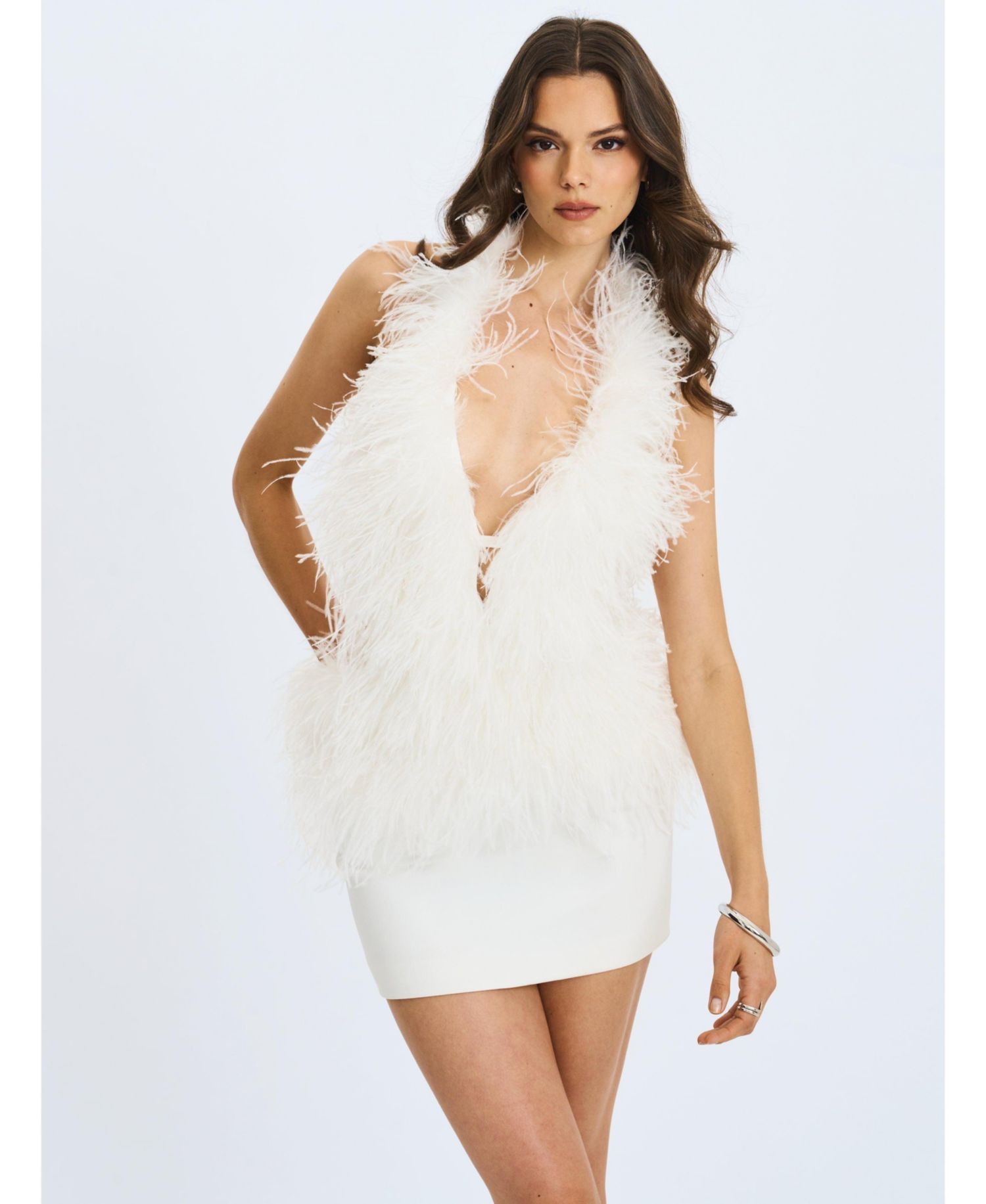 Women's Quisten Feathered Plunging Halter Mini Dress