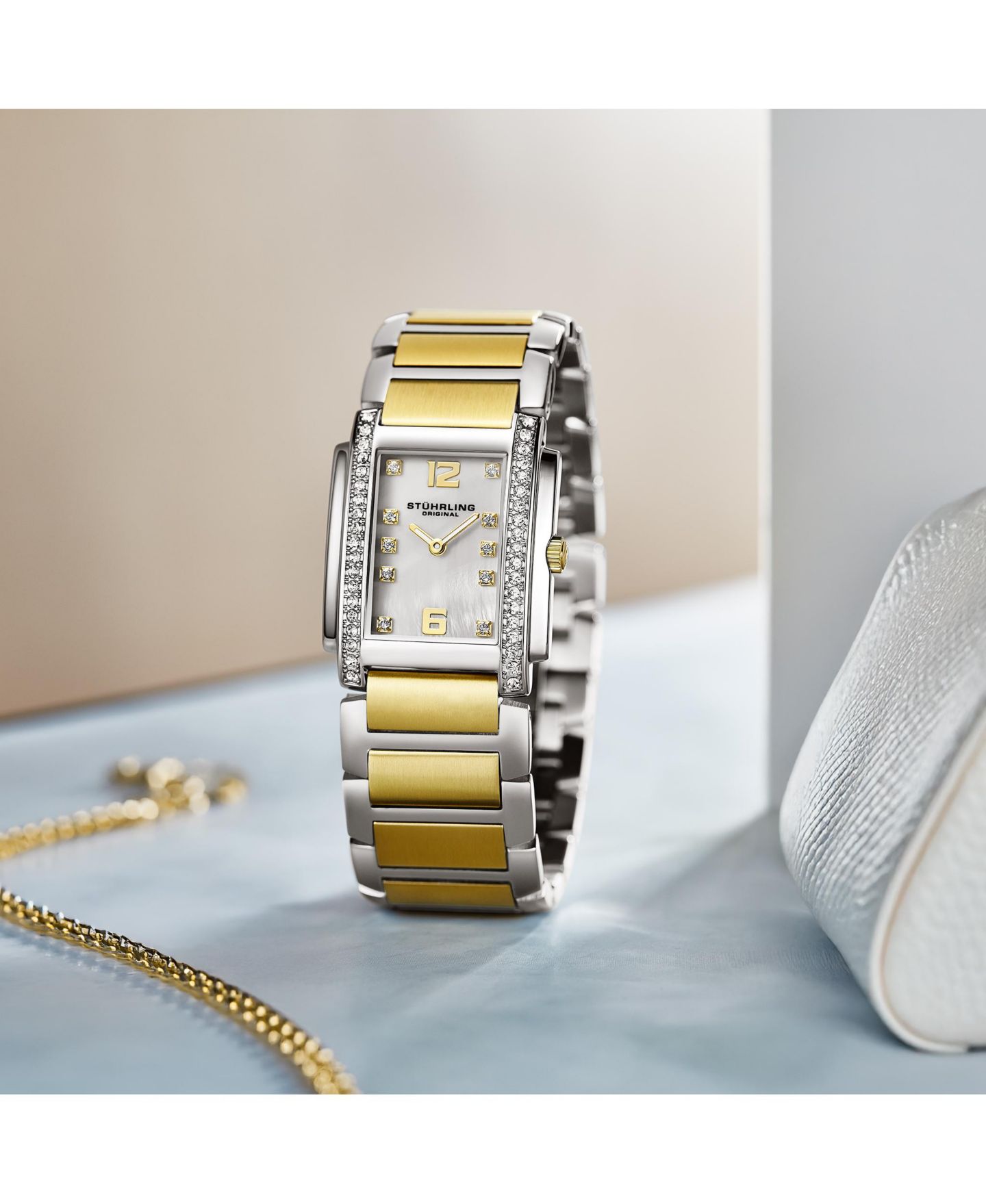 Женские часы Stuhrling Serafine Rectangular Quartz Watch, Two-Tone Case, Mother-of-Pearl Dial & Swarovski Crystal Bezel, цвет: Двухцветный жёлтый — фото 4