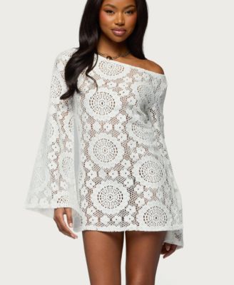 Women's Off Shoulder Sheer Lace Mini Dress