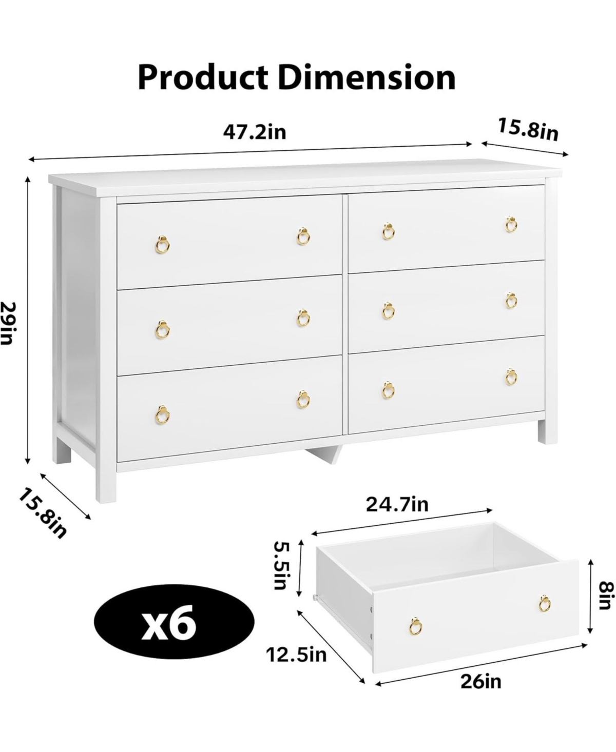 gaomon 6 Dresser for Bedroom, Modern Wide Drawer Dresser with Storage, Wooden Closet Dressers Chest of Drawers Freestanding